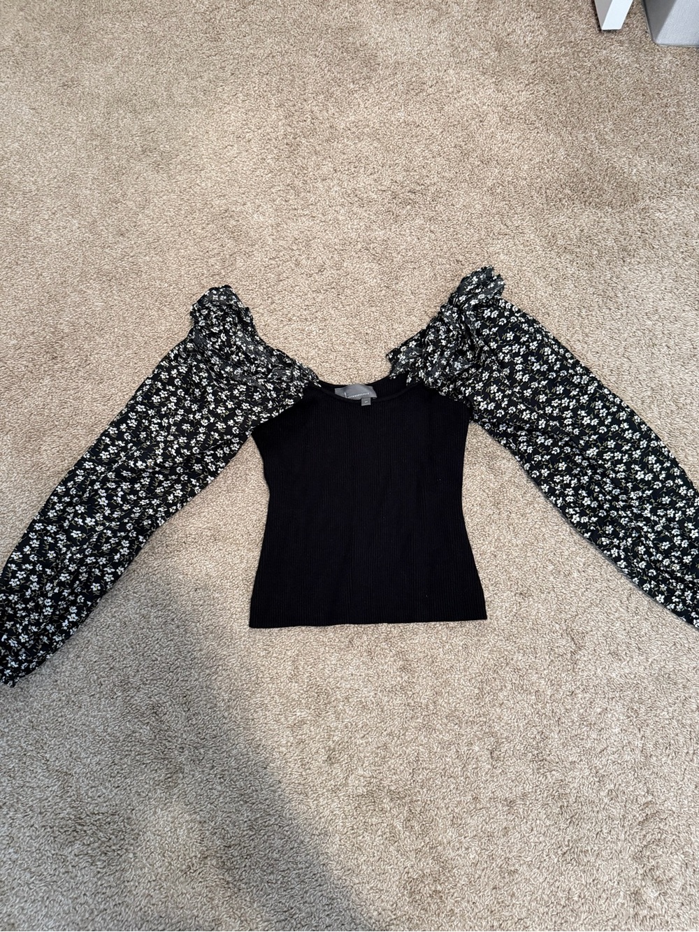 Anthropologie Black Ribbed Bodice Top with Floral Puff Sleeves